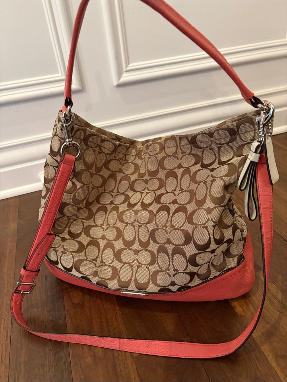 Coach Signature Hobo Shoulder Bag with Coral Trim